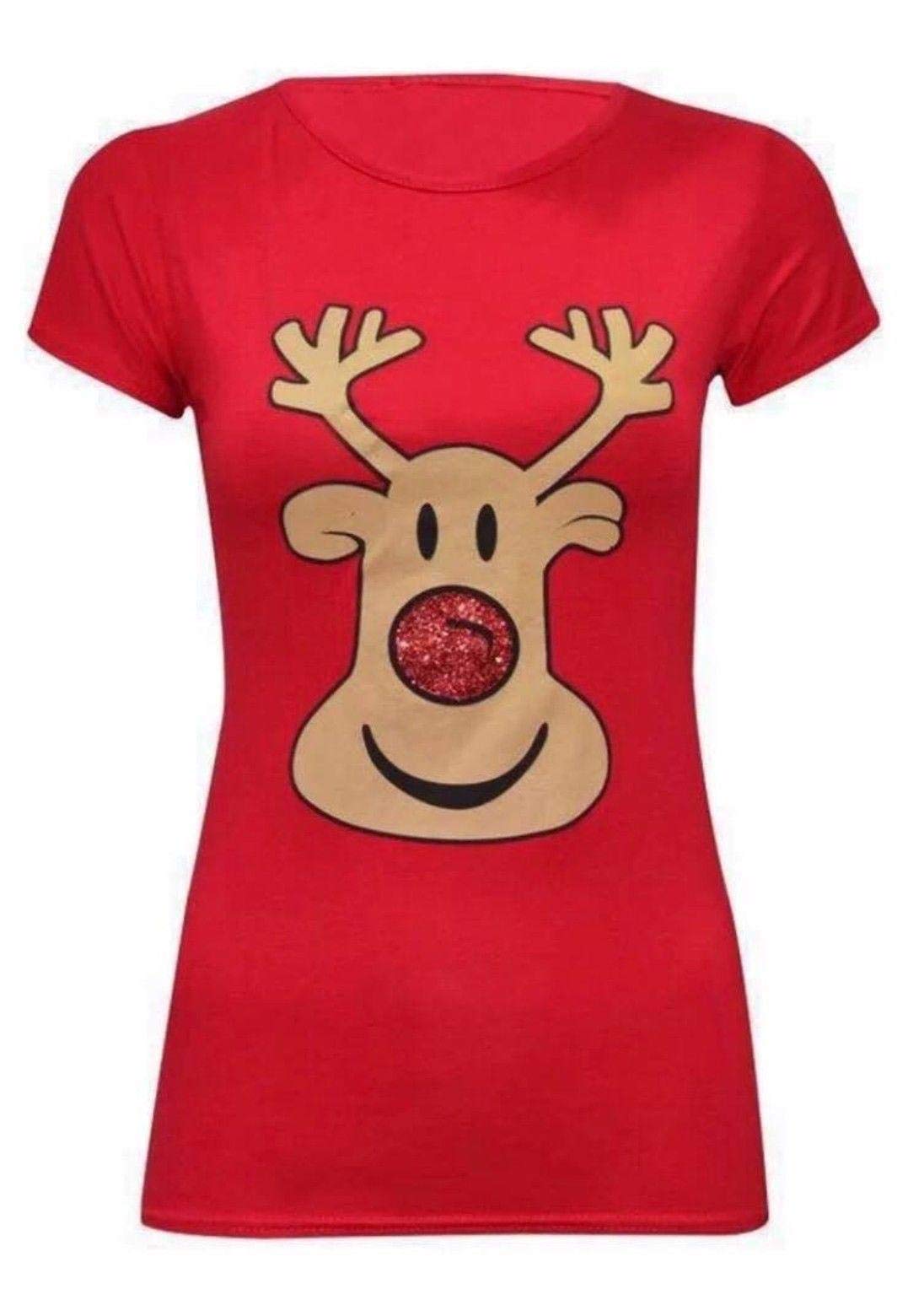 STAR FASHIONChristmas Short Sleeve Tops for Women Festive Xmas Rudolph Reindeer Santa Red Nose Print T-Shirt