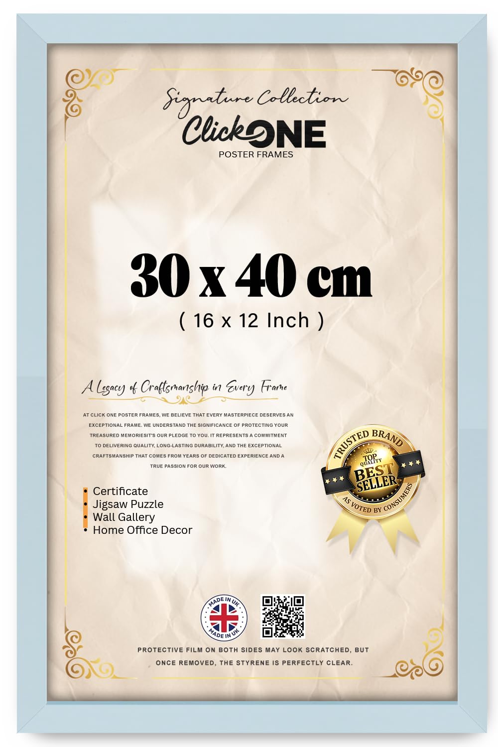 Click One Light Grey Photo Frame 40 x 30 cm Poster Display with UV Protection Acrylic Hanging Hardware for Wall Mounting Display Picture Vertically or Horizontally MDF backboard
