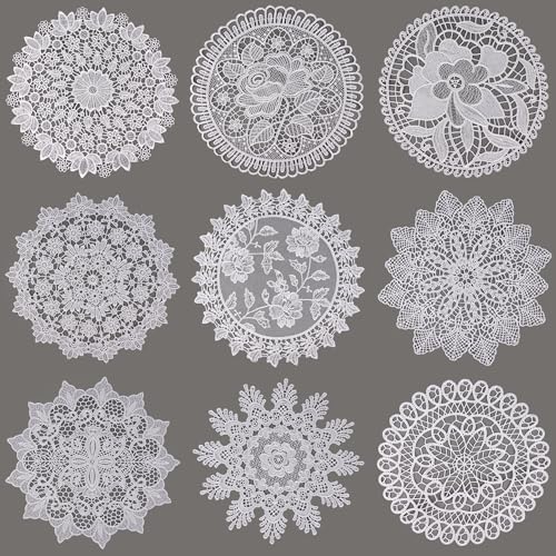 9 PCS 6 Inch Lace Doilies，Crochet-Look Tables Doilies, Round Rustic Placemats Décor-Vintage &amp; Elegant Lace Coasters for Dresser Dining Table Wedding Party Kitchen Cup Vase Decoration
