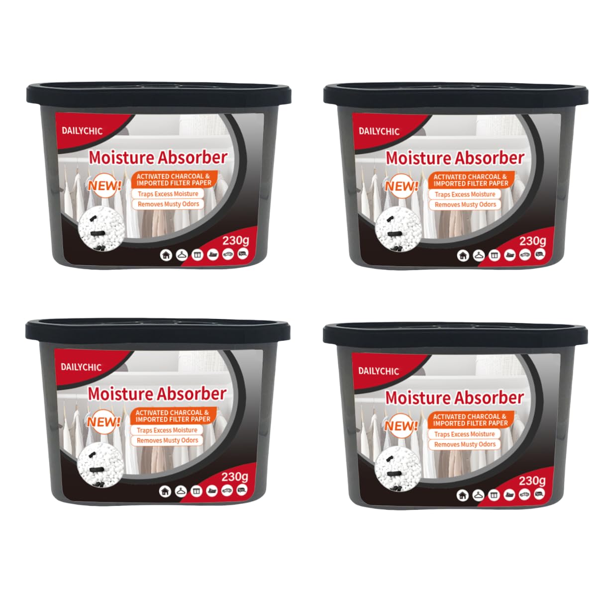 Moisture Absorber Boxes Set, Dailychic Fragrance Free Dehumidifier for Closet, Kitchen, Study and Bathroom, 10 Oz Each Humidity Absorber (4 Pack)