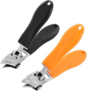 2 Pcs Edgy Nail Clipper Wide Jaw Opening Anti-Splash Slanted Clippers Angled Curved Toe for Thick Toenails for Seniors Men and Women(Black+Orange)