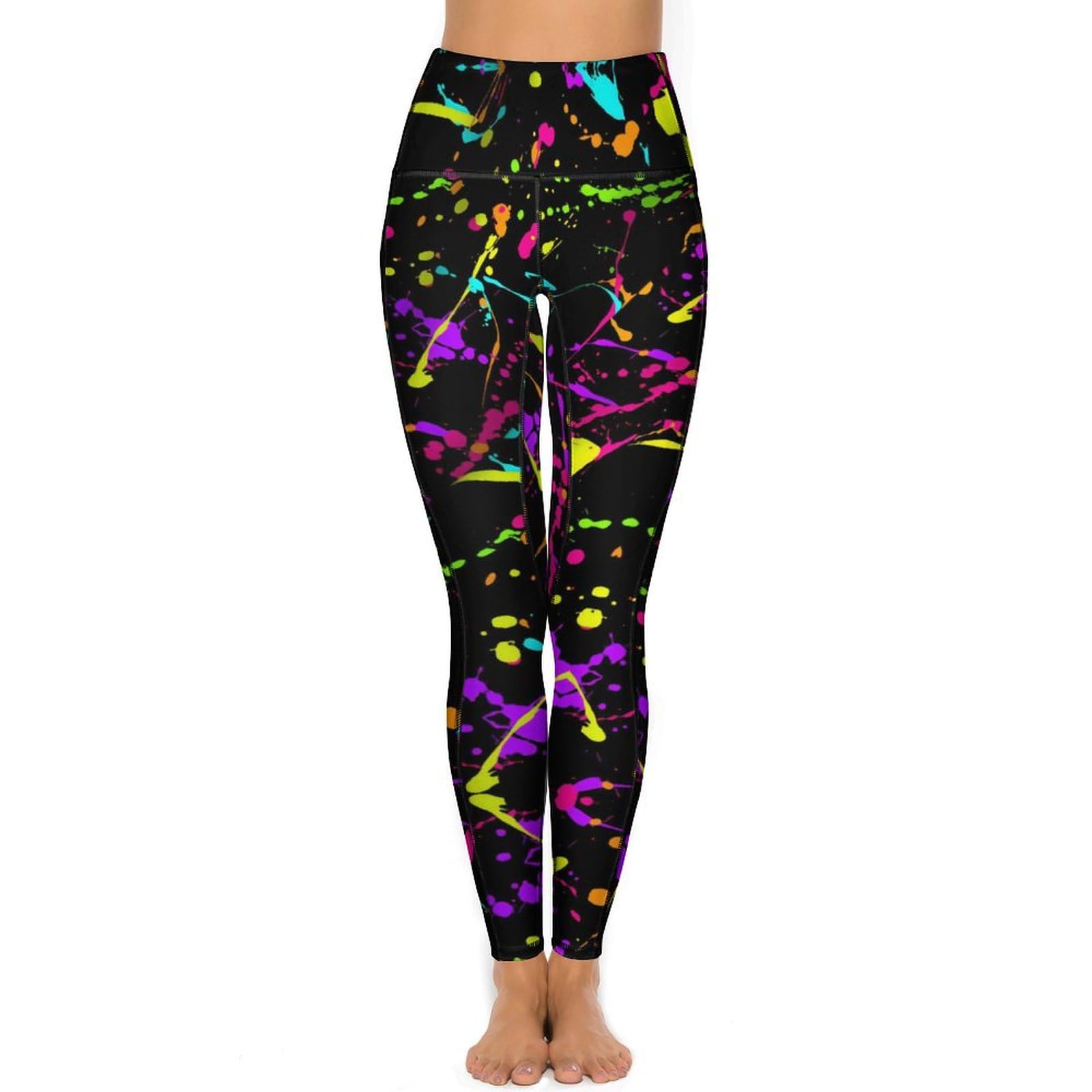 Glow in Dark Splatter Neon (11) Yoga Pants with Pockets High Waist Gym Pants Long Workout Leggings for Women M