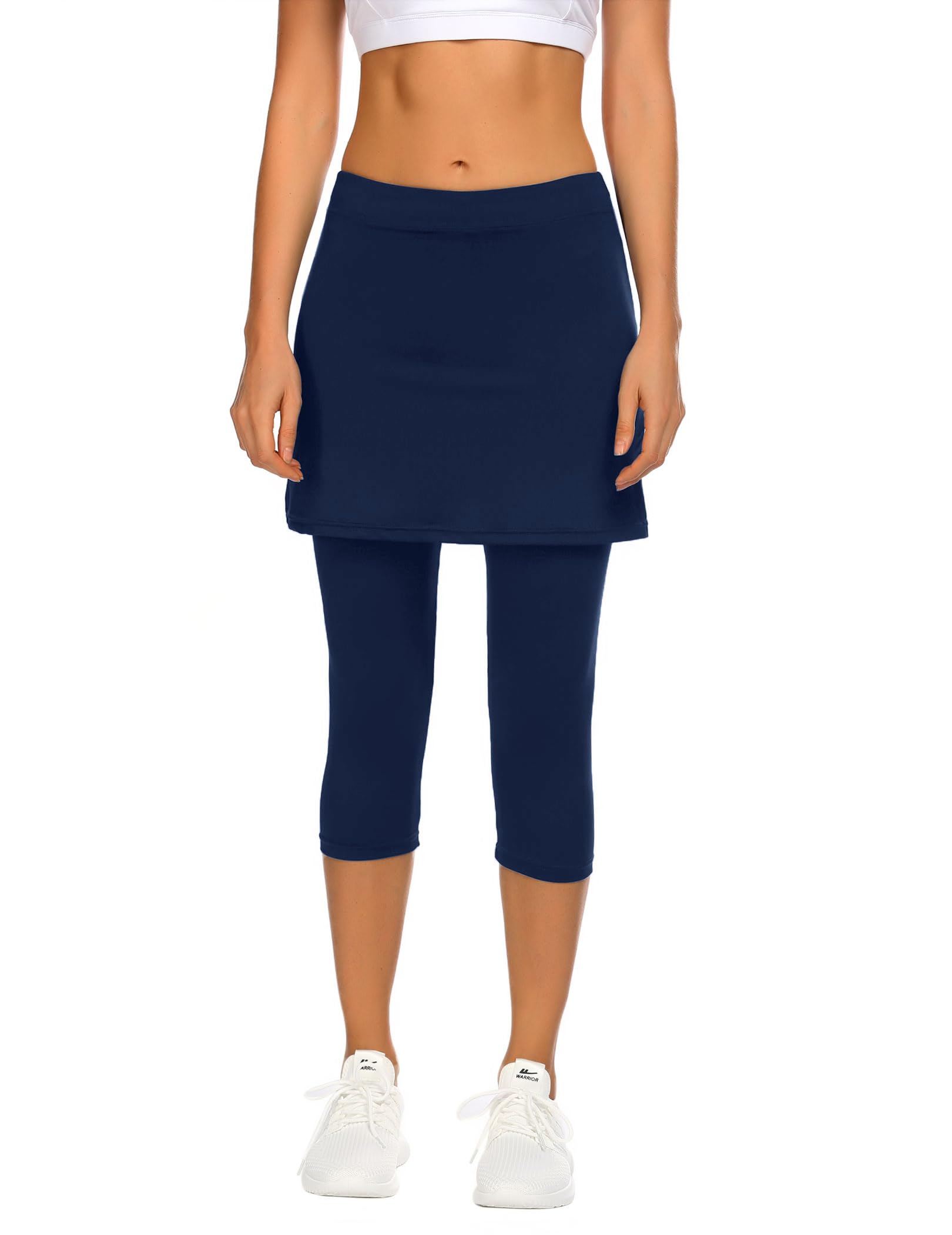PINSPARK Tennisrock Damen Hohe Taille Rock mit Hose Drunter Knielang Hosenrock 2 in 1 Laufen Skort Engen Capris Gym 3/4 Yoga Pants mit Taschen und Kopfhöreranschluss