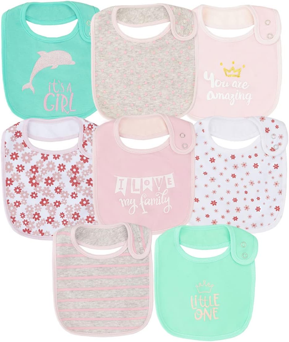 Cotton Waterproof Baby Girls' 8 Pack Bibs with Buttons for Teething Drooling Eating