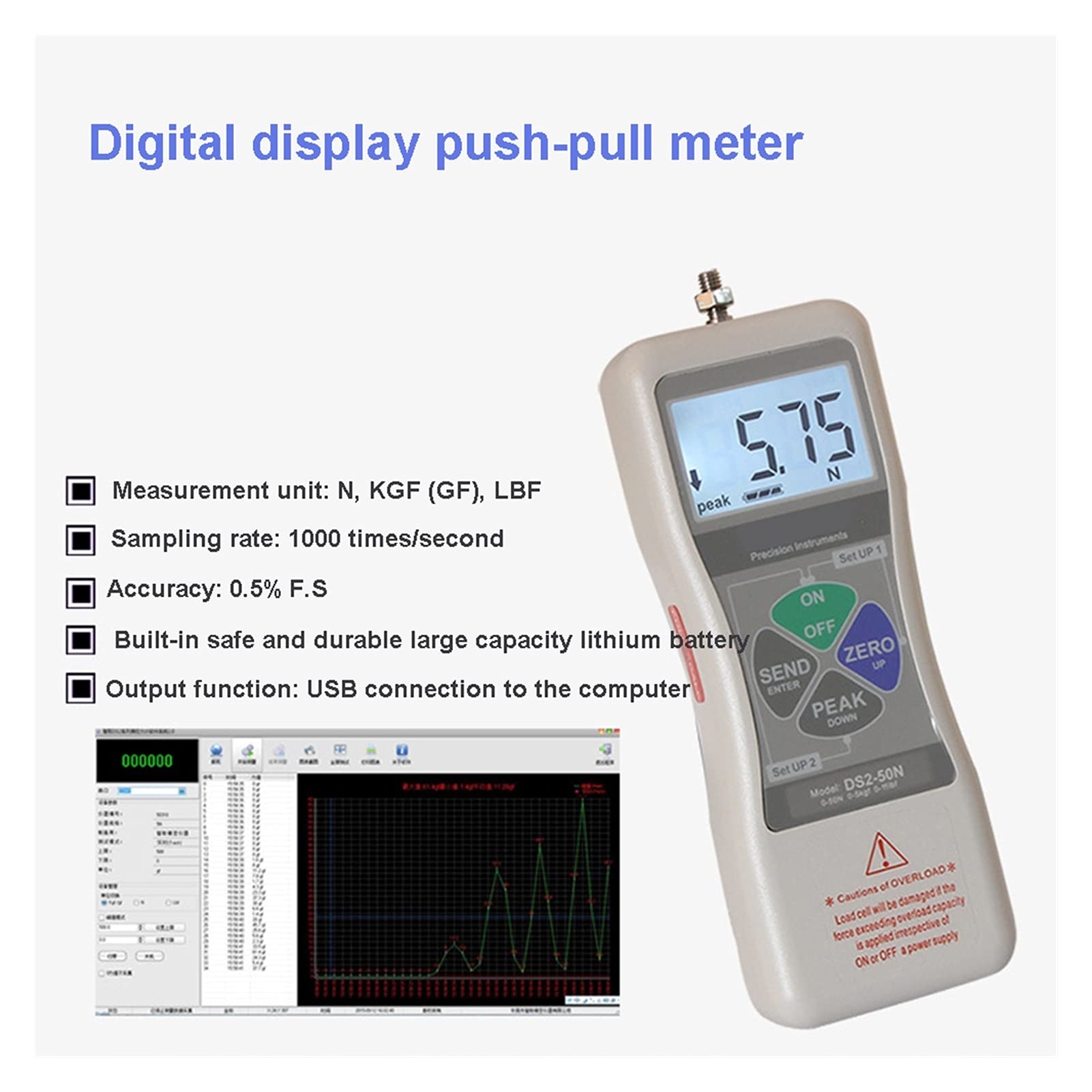 Kraftmessgerät High Precision Digital DS2-500N 1000N Push Force Gauge Push 20N 2KGS Pull Strength Tester Kleiner Sensor Dynamometer Trigger Pull Gauge (Color : DS2 5N) (DS2 5N)