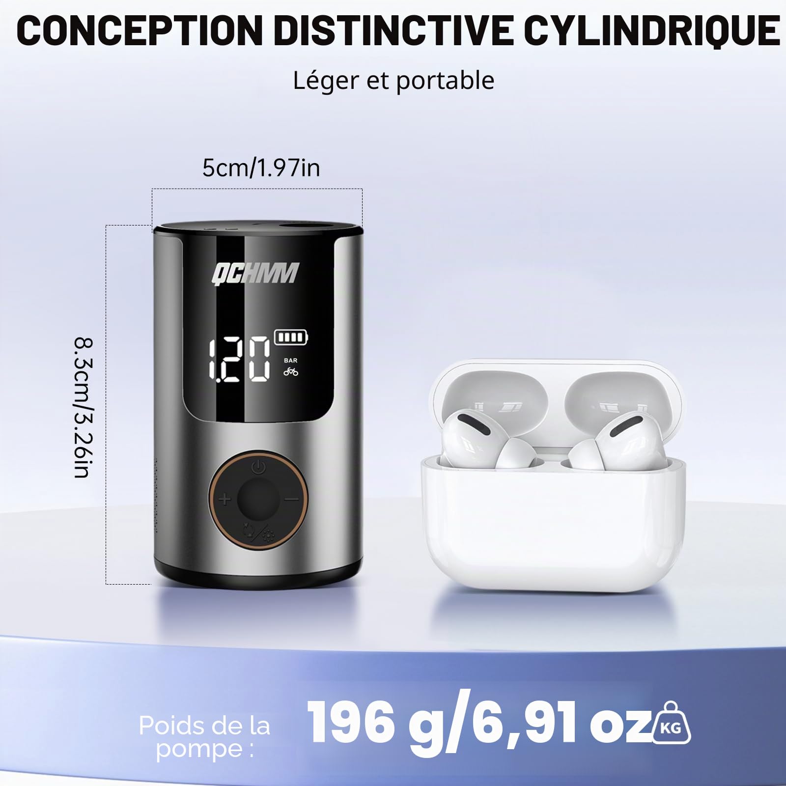 Pompe à vélo Portable, Mini Pompe à vélo électrique 120PSI avec Affichage numérique, valves Presta/Schrader, Arrêt Automatique