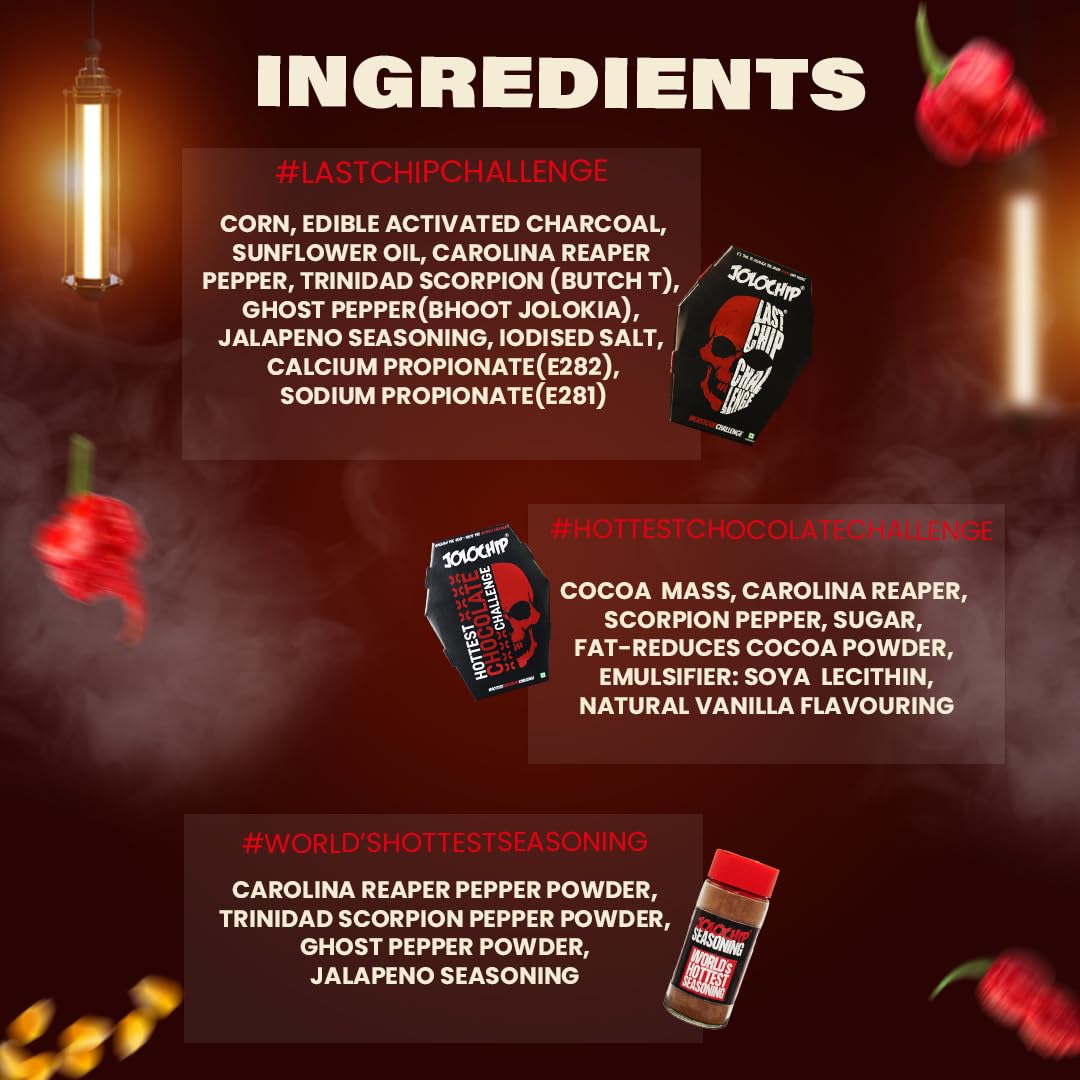 JOLOCHIP Challenge Combo Pack | The Last Chip 5g, World’s Hottest Seasoning 30g, and Hottest Chocolate Challenges (10g)| Extreme Spice Challenge Set | Dare to Try Trio | Fun Gift Pack for Spice Lovers
