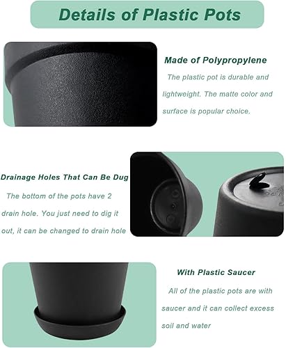 Miniatura 2 de vensovo Macetas pequeñas de plástico negro de 6 pulgadas, 4 macetas pequeñas de plástico Morden con orificio de drenaje y platillos, perfectas para