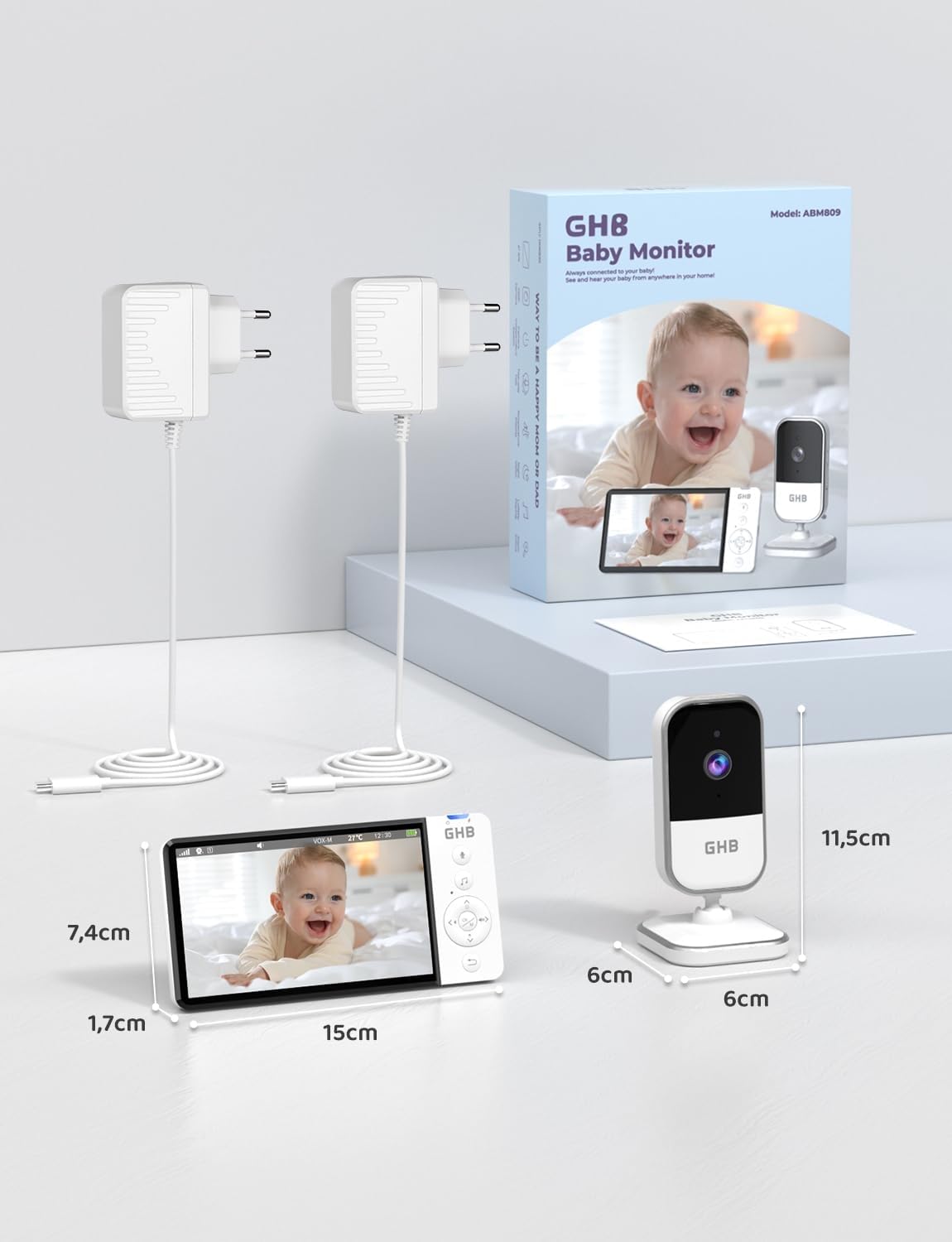 GHB Camara Vigilancia Bebe 5" 720P HD Vigilabebes con Camara con Pantalla IPS de 5000mAh, Visión Nocturna, Comunicación Bidirecciona, Escucha Bebes, Modo de Ahorro de Energía, Zoom 4X
