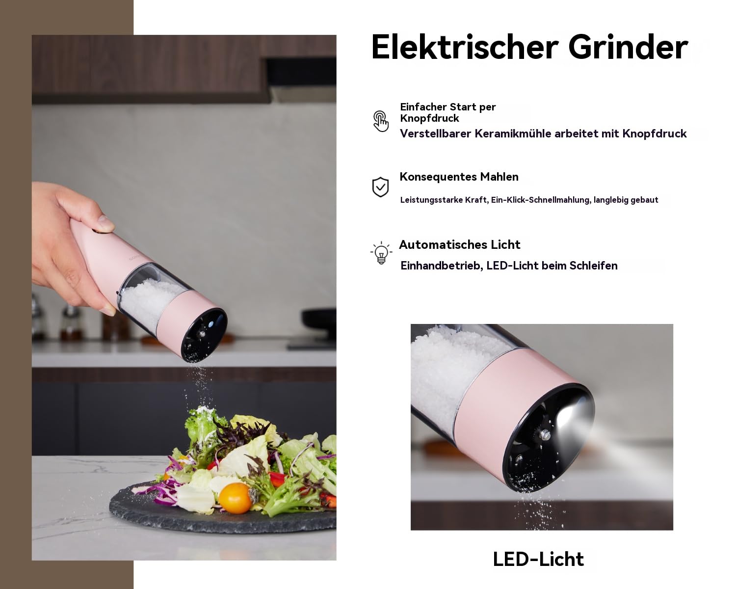 Salz und Pfeffermühlen Elektrisch 2er Set mit USB Ladeanschluss – 6 Stufenmahlwerk, LED-Beleuchtung & Rutschfester Staubschutz (Blütenblattrosa)