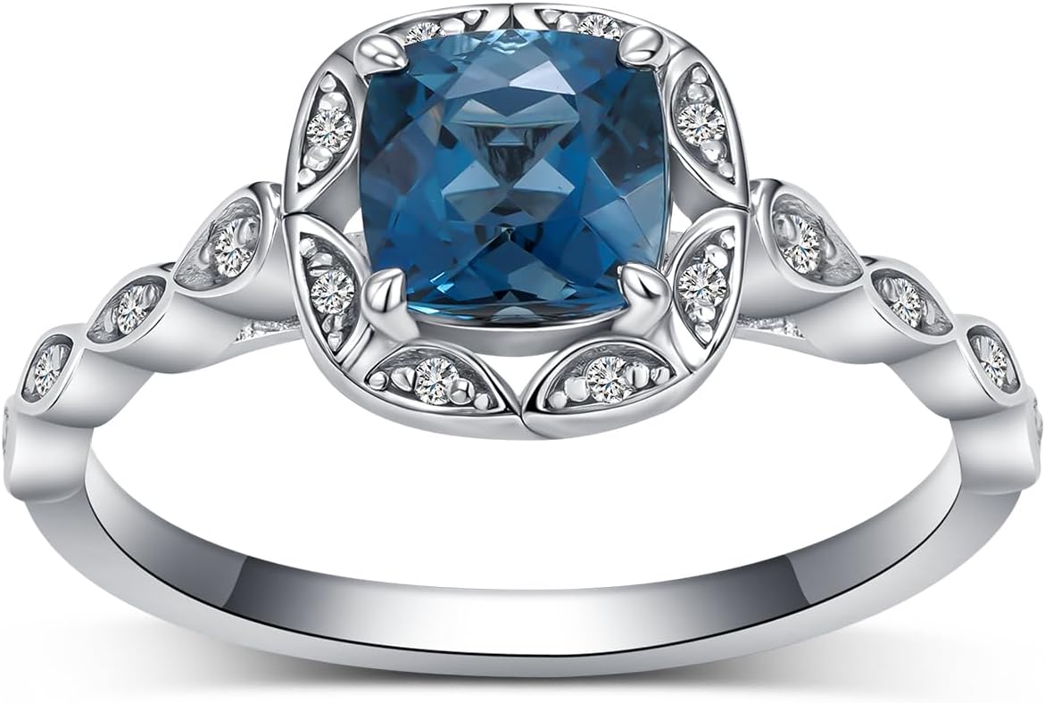 Natural Topaz Center Wedding Rings Sets, S925 Cushion Cut London Blue Topaz Engagement Ring Sets 18K White Gold Platinum PlatedBridal Ring Sets for Women Her Gift for Anniversary Wedding