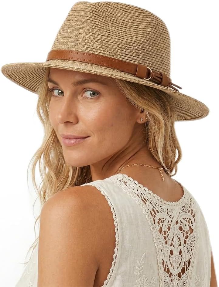 FREEBIRD99 Unisex Wide Brim Straw Panama Fedora Hat Summer Beach Sun Hat for Men Women
