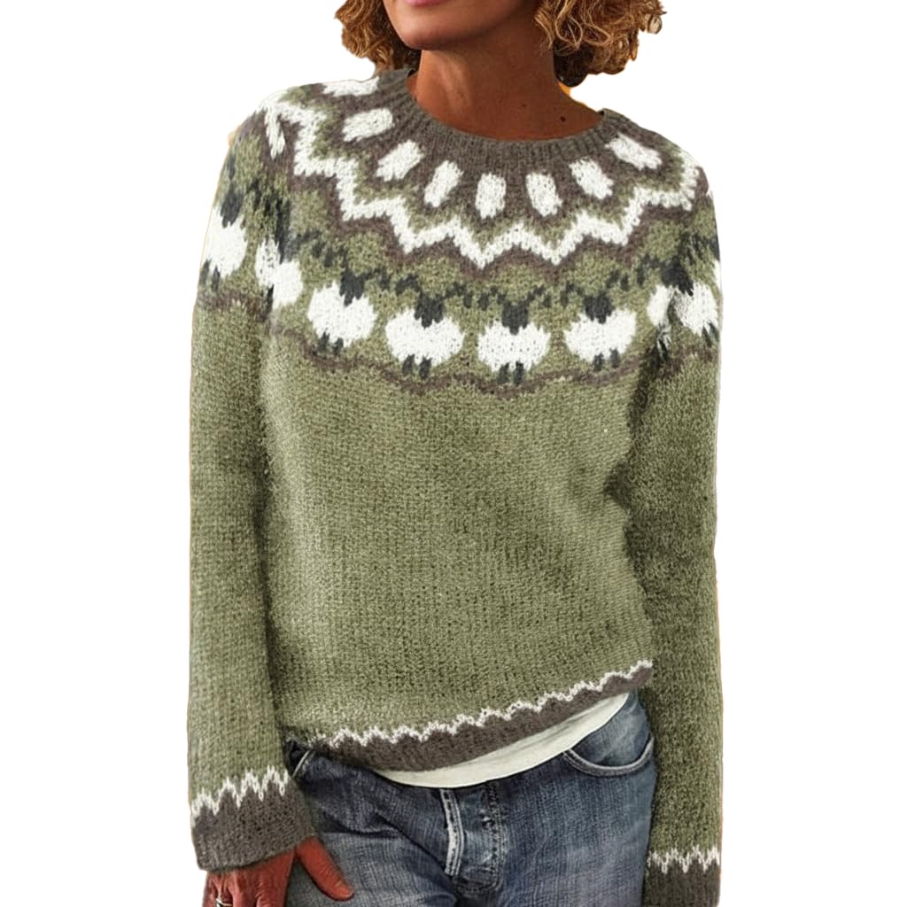 Womens Vintage Fair Isle Sweater Knitted Crewneck Long Sleeve Colorful Warm Fall Winter Pullover