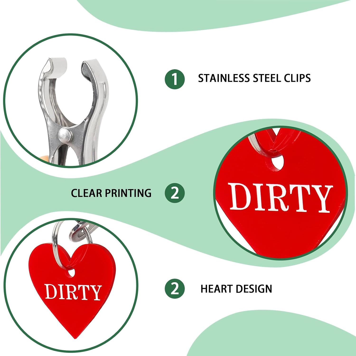 4 PCS Laundry Basket Labels Clean & Dirty Signs Laundry Room Organization Signs Red and Green Stainless Steel Clips Laundry Tags for Inside The Dishwasher Tips for Kids Rooms Bathrooms Laundry Room image 3
