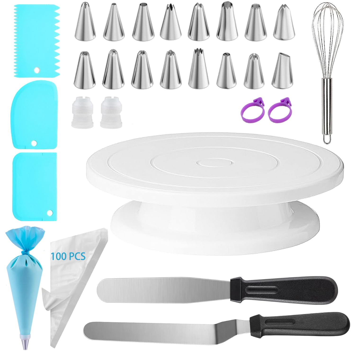124-teiliges Kuchendekorationsset mit Kuchen-Drehteller, Spritzbeutel und Spitzenset, 100 Einweg-Spritzbeutel, 2 Spatel, 1 wiederverwendbarer Spritzbeutel und manueller Schneebesen, Backzubehör für