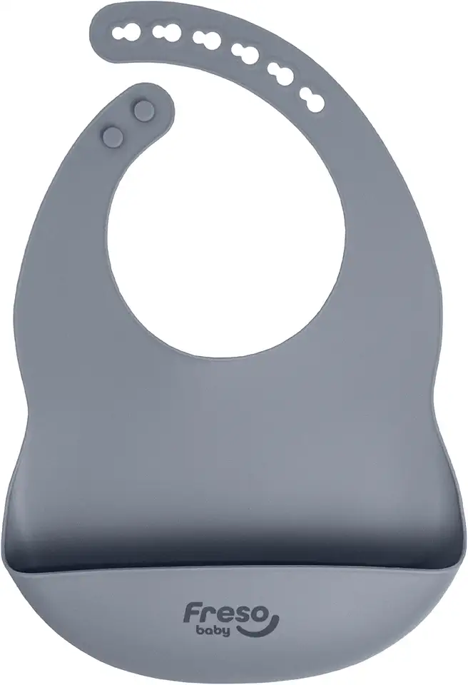 Freso Baby Babador Silicone Alimentação Bebê Introdução Alimentar Blw Impermeável Fecho Ajustável Com Bolso Pega Migalhas Livre De Bpa Cor Cinza