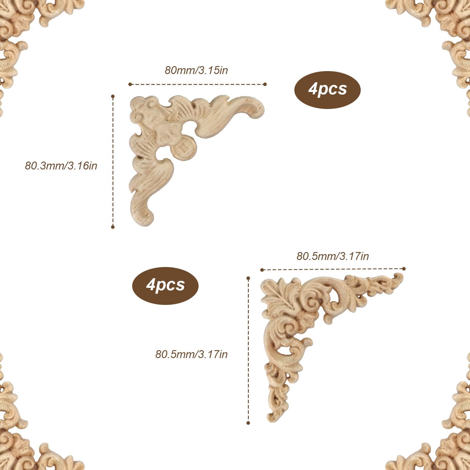 8 Angoli Decorativi In Legno Di Quercia - Per Mobili E Specchi, Stile Classico