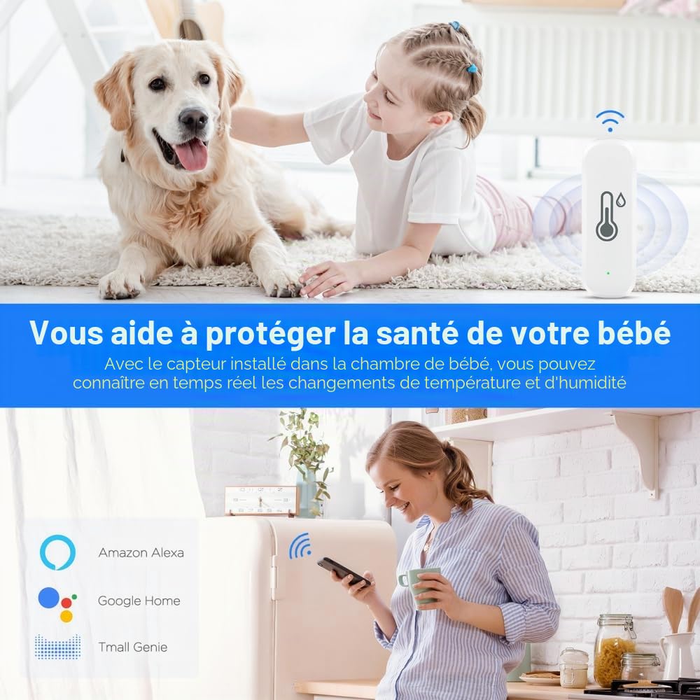 Wifi ThermomèTre HygromèTre IntéRieur-Capteur De TempéRature Sans Fil Avec Enregistreur De DonnéEs, Surveillance à Distance Et Alarme Via L'Application Tuya-Compatible Avec Alexa, Google (Lot De 4)