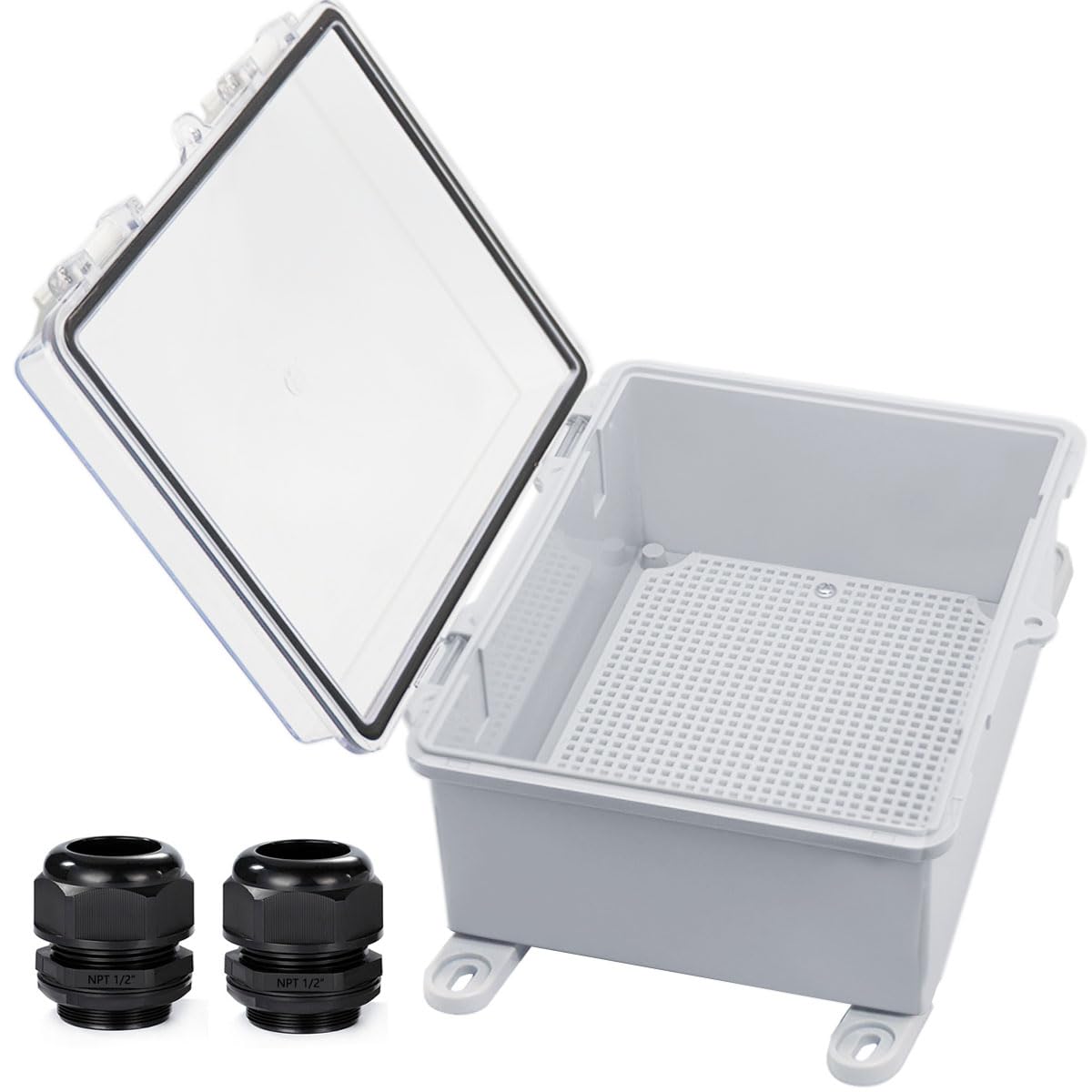 YETLEBOX Waterproof Outdoor Electrical Box Junction Box Weatherproof IP67 ABS Plastic Enclosure Switch Router Project Box with Mounting Plate with Wall Bracket 2 Cable Glands Clear 8.7"x6.7"x4.3" โ image 1
