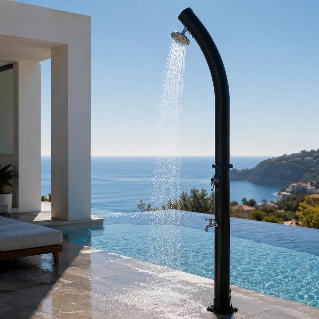 Ducha Solar Exterior 18 L jardín y Piscina con Mezclador y Grifo lavapiés – Depósito PVC Acero Inoxidable, Temperatura 60 °C, 216 cm, Base compacta, sin Electricidad