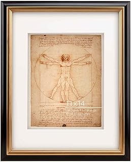 WYNCO 11x14 Wood Black Mahogany and Antique Brass 2 Tone Vintage Retro Picture Frame, With Mat 8x10 inches, Real Wood Classic Profile, Plexiglass Protection, Brass Inner Border