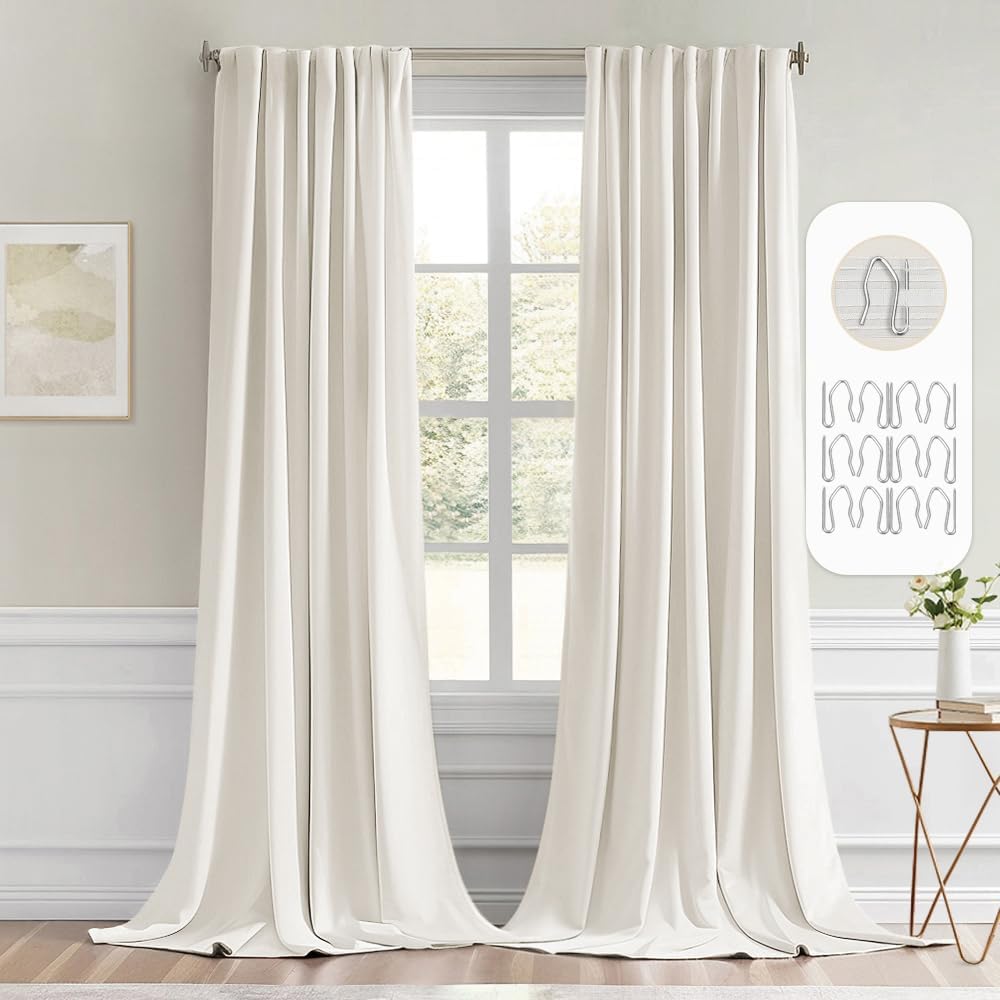 MIULEE Ivory Back Tab Blackout Curtain 96 Inch Long 2 Panels Set for Bedroom, Rod Pocket/Pinch Pleat Thermal Insulated Living Room Darkening Pleated Light Blocking Floor to Ceiling Drape 52"W x 96"L (Pack of 2) Ivory