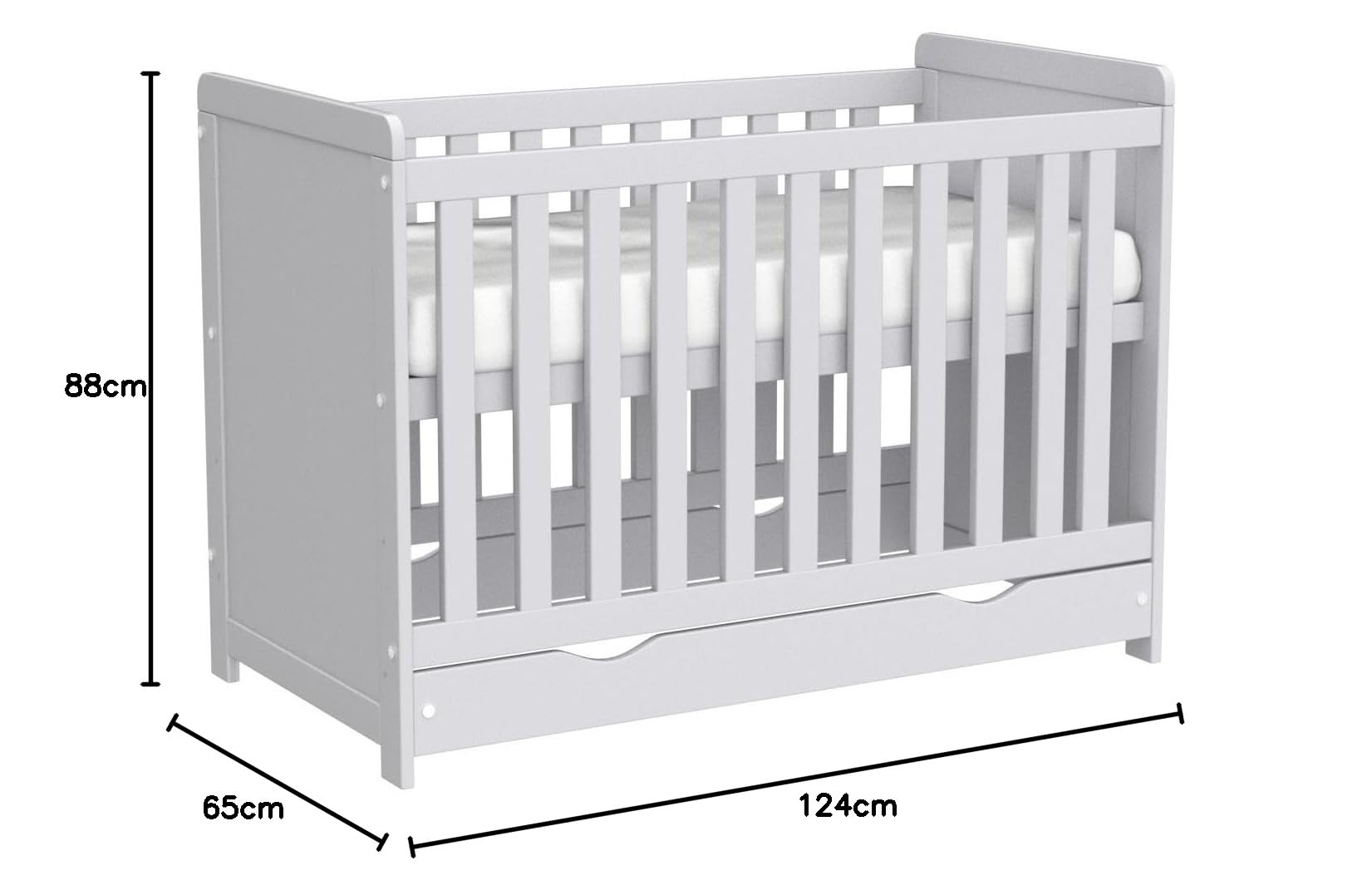 Love For Sleep Babybett 120x60 cm Weiß mit Schublade & Rausfallschutz – Gitterbett aus Holz, 3-Fach höhenverstellbarer Lattenrost, umbaubar zum Kinderbett, Sicherheitsbarriere inklusive