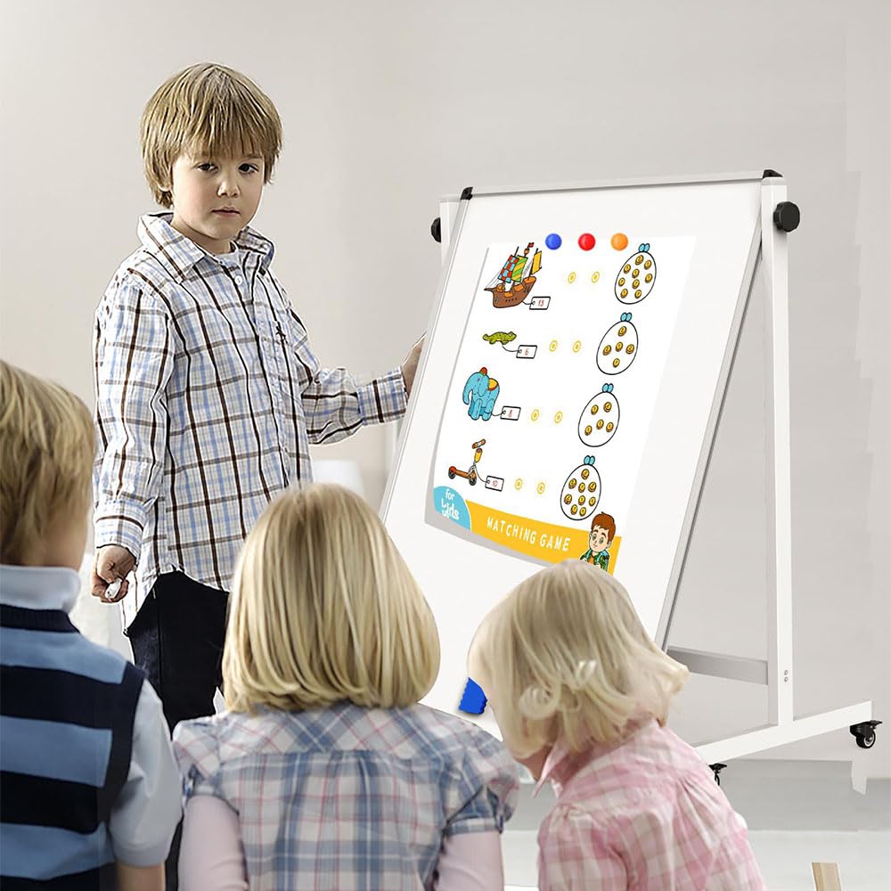 Pizarra Blanca Móvil de Doble Cara con Soporte Ajustable,Superficie Magnética Borrable,Incluye Rotuladores y Accesorios,para Oficina, Aula, Hogar