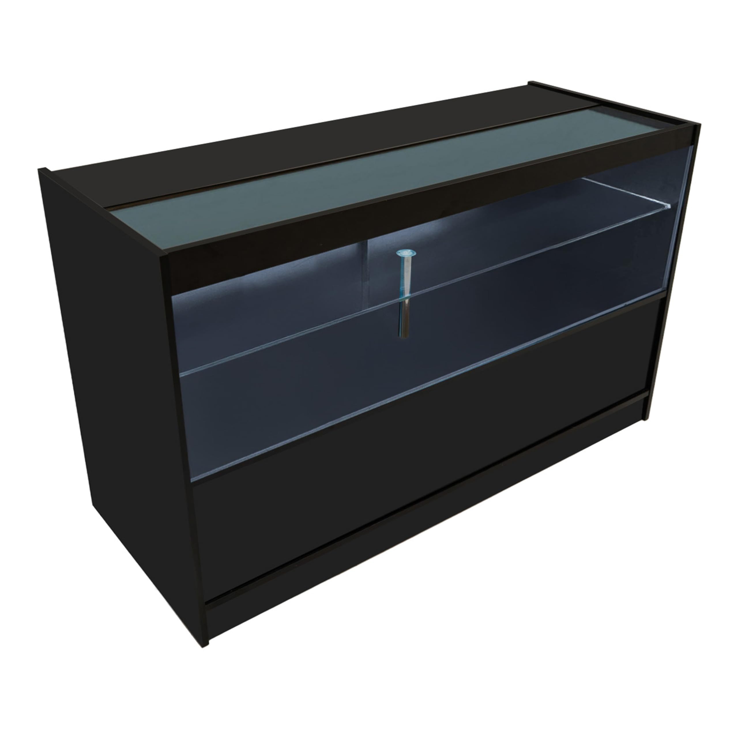Black Shop Counter Set Europa LED Light B1500 C1500 LM60 TB60 150 cm 60 cm W Zamykane drzwi przesuwne Klucze Retail Storage Units Till Block Glass Display Gablota Szafka Narożna Odzież Biżuteria Półki