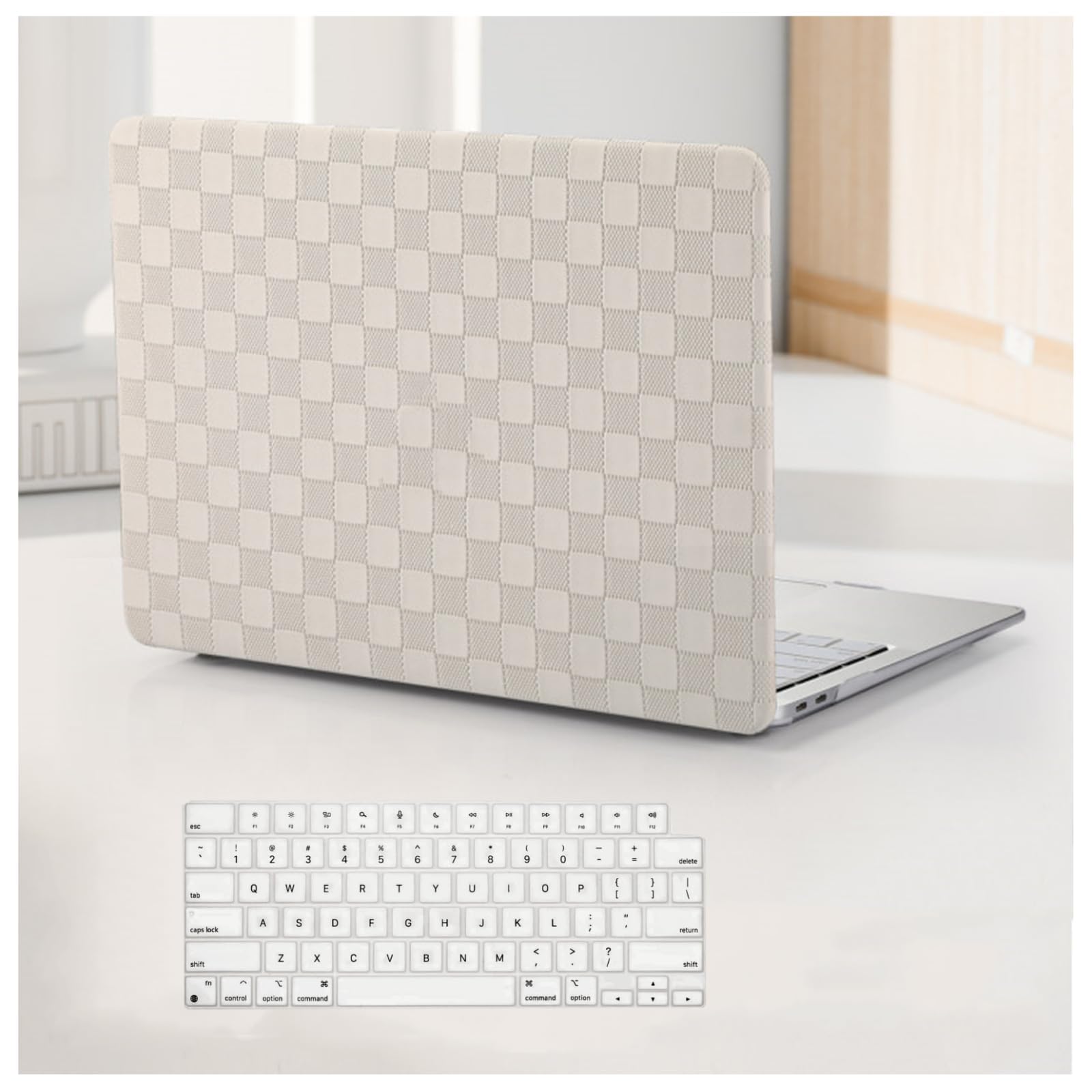 BYCeKe for MacBook Air 13.6 inch Case 2022-2026 M4 A3240 M3 A3113 M2 A2681, Checkered Textured Cream Leather Hard Shell Case No Logo Cutout & Keyboard