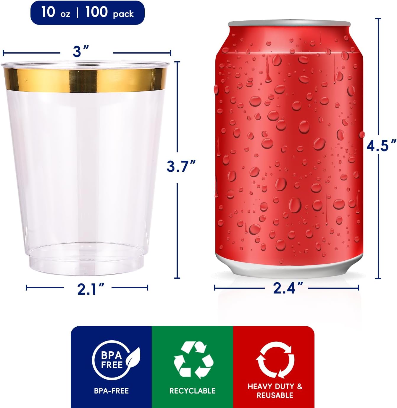 JOLLY CHEF 100 Pack 10 oz Gold Plastic Cups, Clear Plastic Glasses Tumblers, Elegant Gold Rimmed Disposable Cups Perfect for Weddings, Thanksgiving Day, Christmas