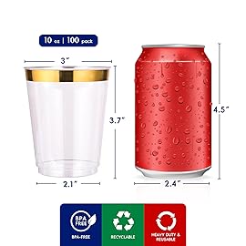 JOLLY CHEF 100 Pack 10 oz Gold Plastic Cups, Clear Plastic Glasses Tumblers, Elegant Gold Rimmed Disposable Cups Perfect for Weddings, Thanksgiving Day, Christmas