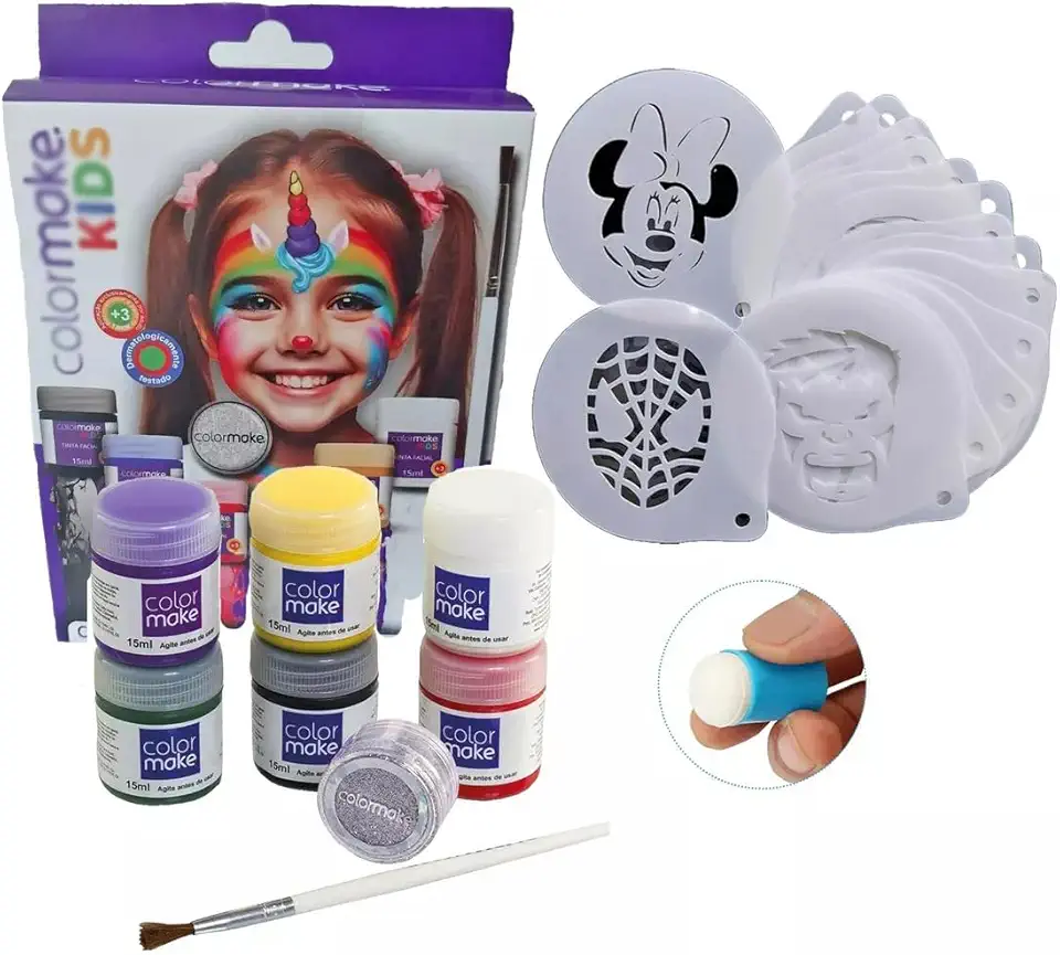 Kit 6 Tintas Pincel Glitter + Batedor dedo + 16 Stencil Pintura Facial