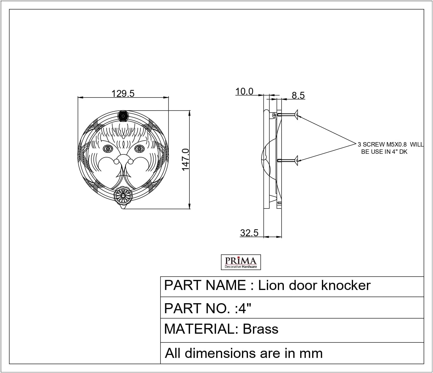 Prima Decorative Lion’s Head Door Knocker 4" – Solid Brass Sand Cast, Antique Brass Finish, Hand-Finished with 3-Bolt Rear Mounting and Bolts Included