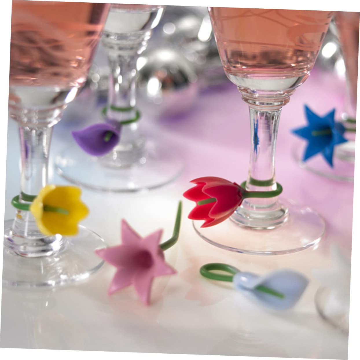 PRETYZOOM Silicone Flower Wine Cup Markers Set of 6 Wine Glass Labels for Party Easy to Remove Reuse