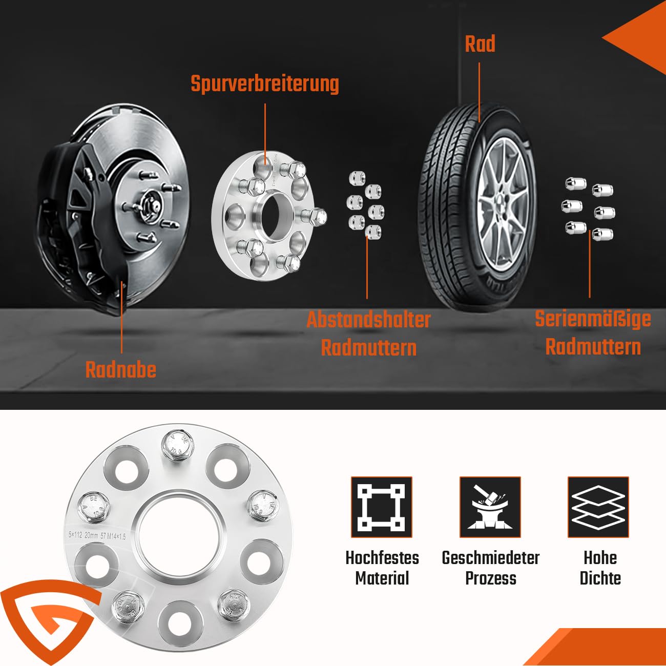 Spurverbreiterung Distanzscheiben 5x112mm NLB: 57 mm 2x20mm Spurplatten mit 10x Radschrauben M14x1.5X25 mm Kompatibel mit Audi Für VW Für Skoda Für Seat
