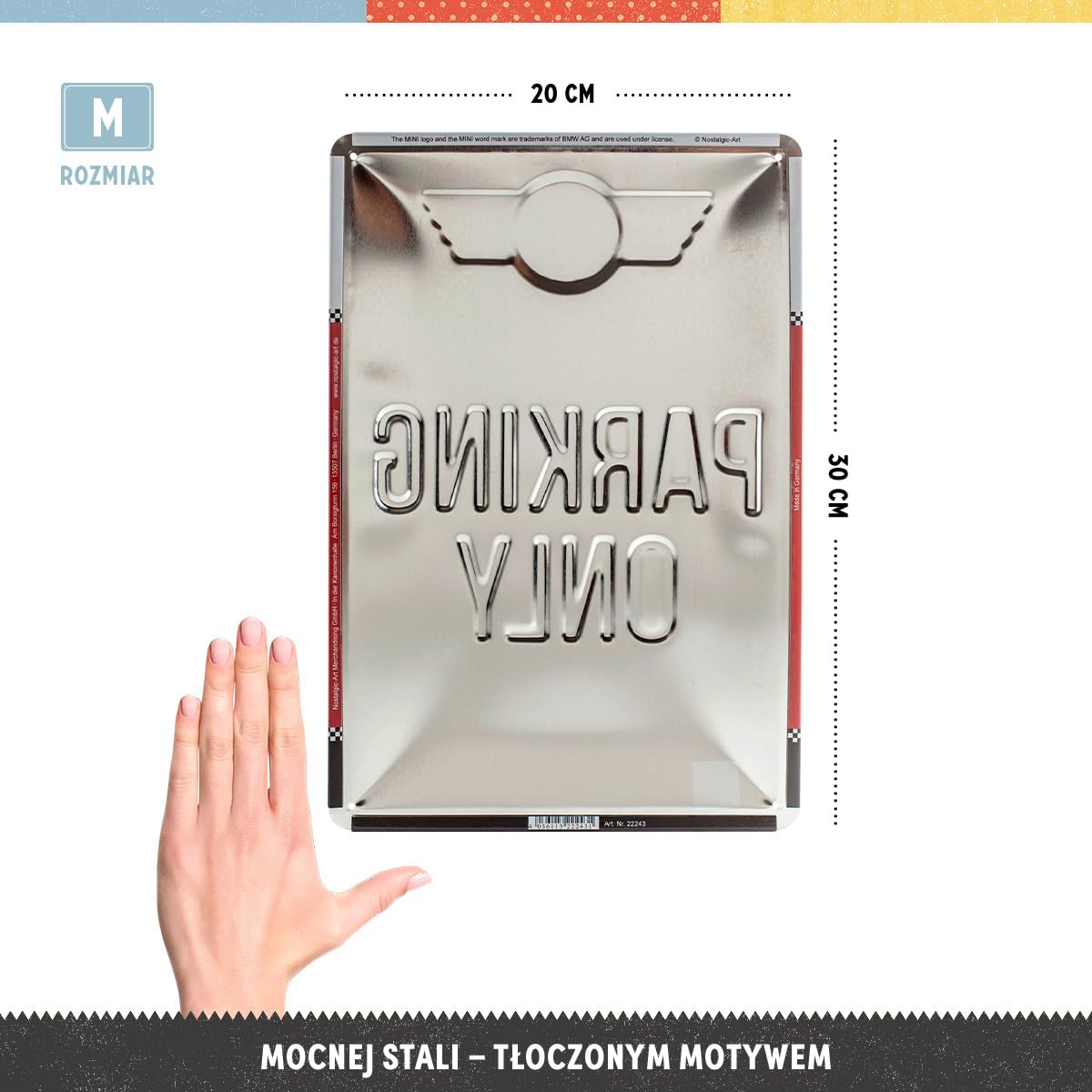 Nostalgic-Art Retro tabliczka z blachy, 20 x 30 cm, Mini – Parking Only Red – Pomysł na prezent dla miłośników Mini Coopera, Official License Product (OLP), z metalu, Styl vintage