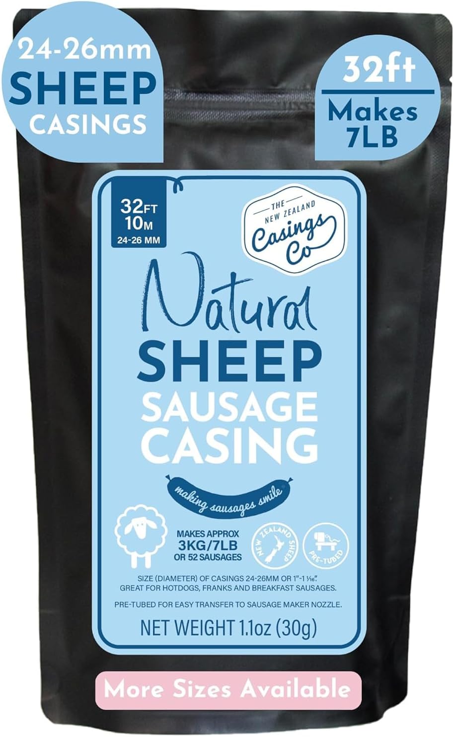 Natural SHEEP Casings for Sausage Making, 24-26mm, Great Hot Dog Casing or Sausage Casing for Merguez & Breakfast Sausage, Pre-Tubed, Edible, A Grade, Halal, from New Zealand, 32โ makes 7lb Sausages