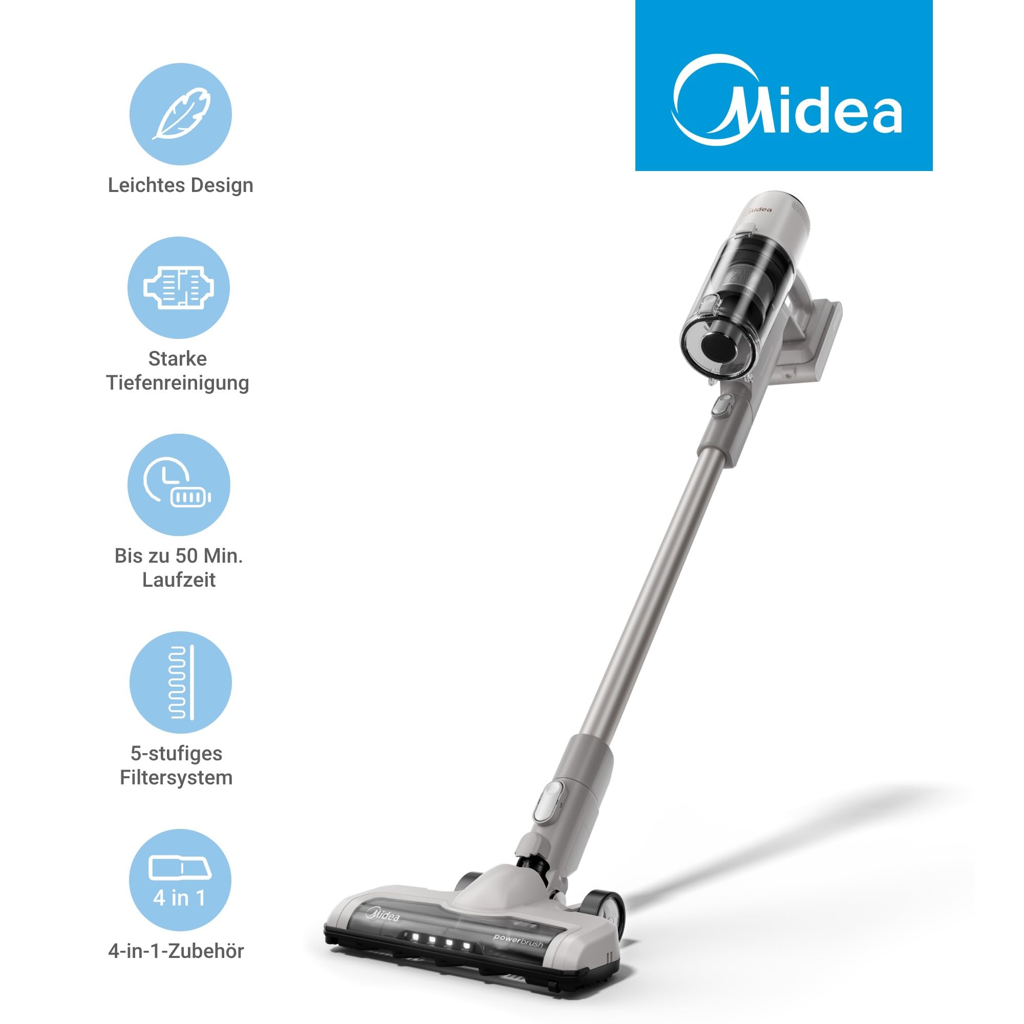 Midea P9 Lite Akku Staubsauger, kabelloser Stielstaubsauger 350 W, bis zu 26 kPa, bis zu 50 Min. Laufzeit, 5-stufiges Filtersystem, LED-Bodendüse, Handstaubsauger, 0,56 L, Weiß/Grau