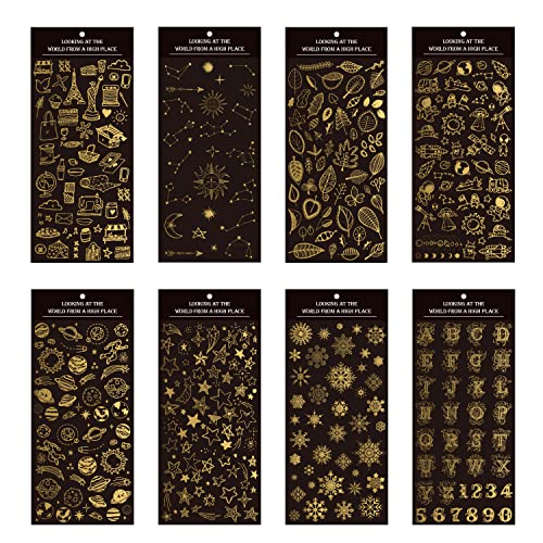 8 Blatt Scrapbook Stickers Gold Sticker Selbstklebende Wasserdichte Aufkleber Fotoalbum Goldfolie Muster Aufkleber Gold Selbstklebende Buchstaben Sticker für Notizbuch DIY Handwerk Handy Computer