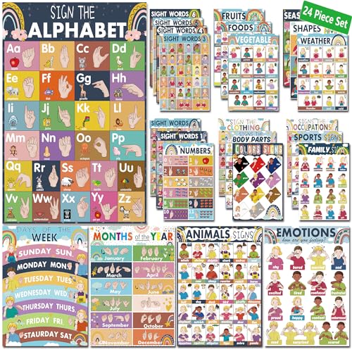 Image of YIYDONG 24 Boho American Sign Language Posters for Kids, Babies & Toddlers, ABC ASL Flash Cards, Classroom Decor