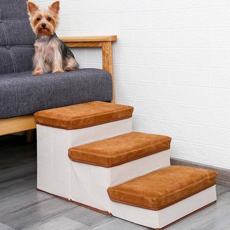 3 Tiers Dog Stairs with Storage Box, Pet Stairs for Beds and Couch, Dog Stairs & Steps for Small Dogs Cats, Climbing Step Stairs Pet Storage Stepper & Safety Ladder for Dogs Cats Small Pets(Brown)