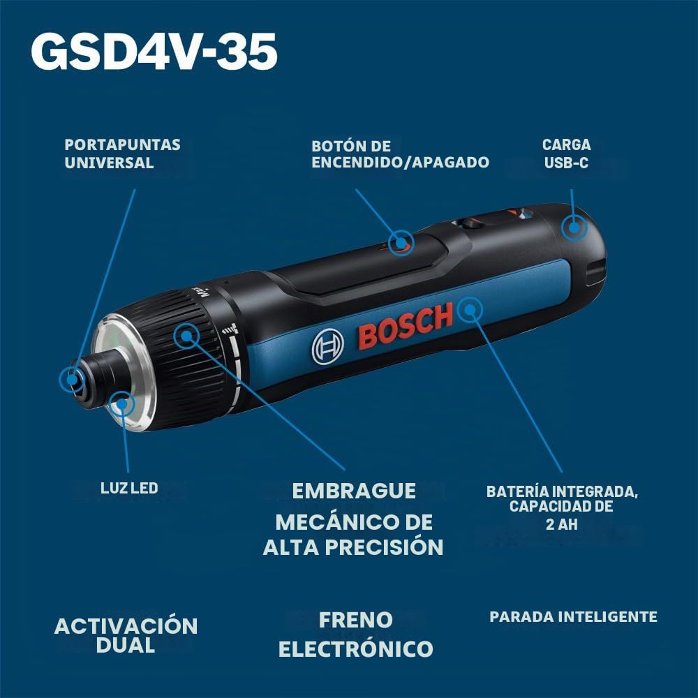 Bosch GSD4V-35 - Destornillador recargable USB-C de 4 V Max - Diseño compacto, activación dual, bloqueo universal de brocas, 8 ajustes de par, luz de trabajo LED
