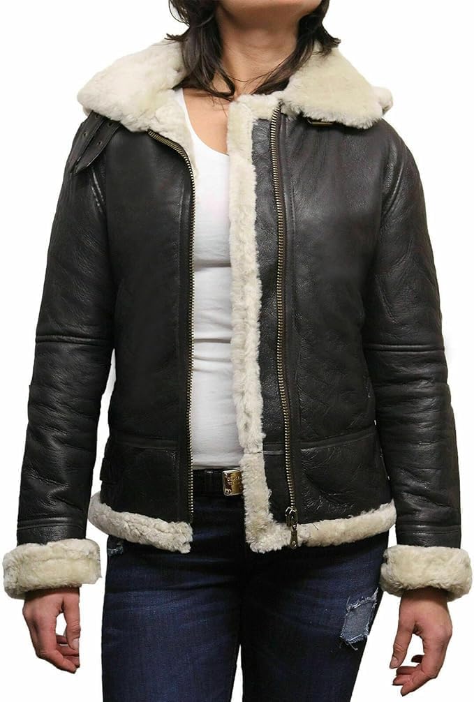 Women's B3 Shearling Bomber Jacket RAF Aviator Pilor Genuine Sheepskin Leather Jacket Removable Hoodie - Image 2