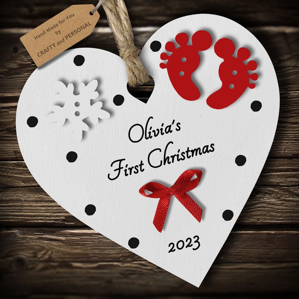 Multi-Colour Personalised Baby's First 1st Christmas Bauble tree decoration wooden heart hanging ornament keepsake gift for boy or girl (White #1)