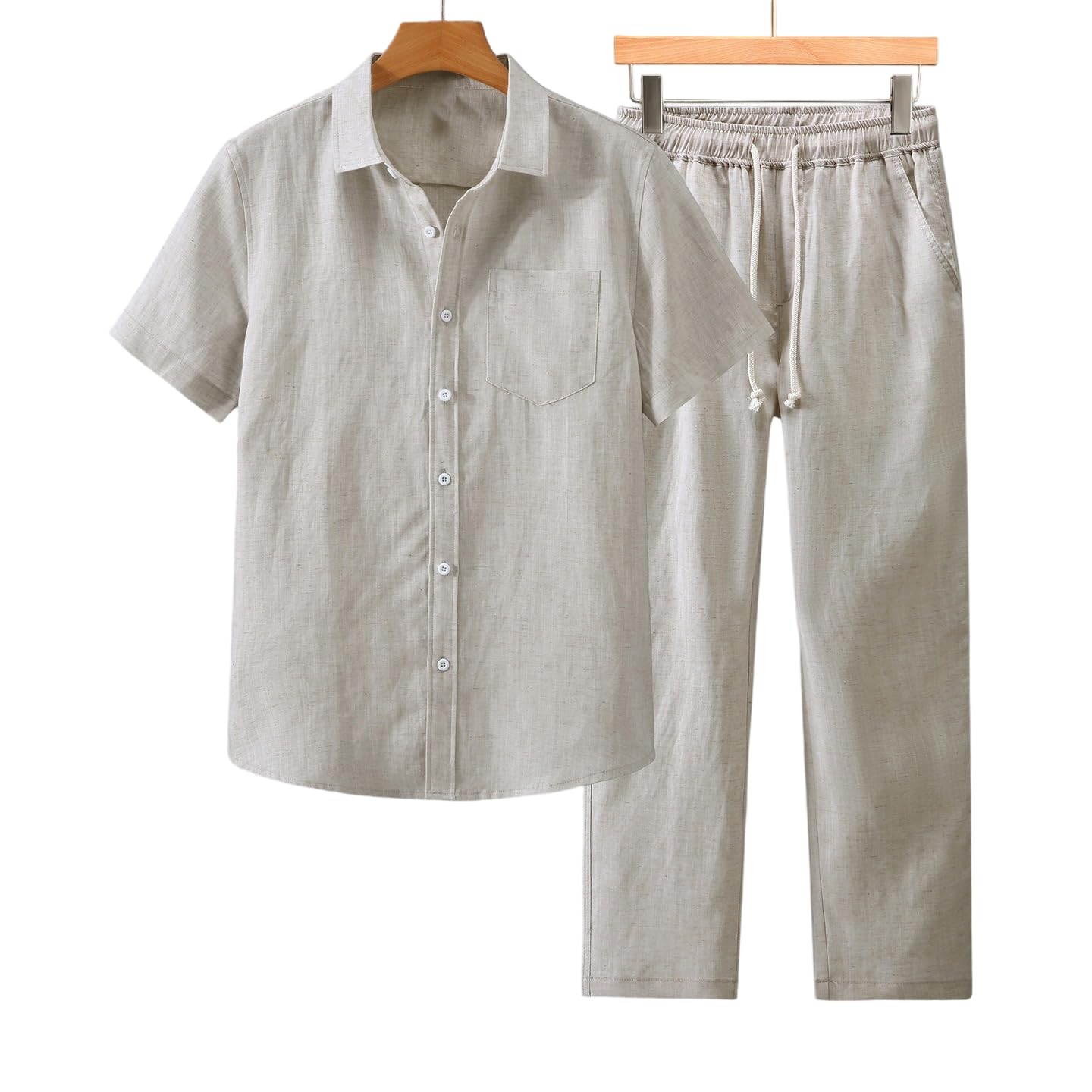 Lyocell Blend - Completo da uomo a maniche corte casual | Colletto rovesciato, tasca sul petto, pantaloni a gamba dritta, abbigliamento quotidiano estivo
