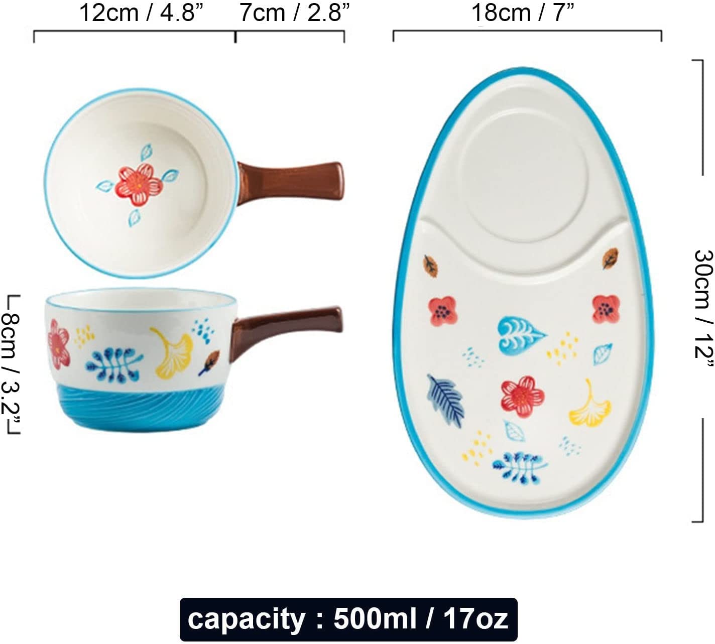 Henkel Suppentasse Suppenschüssel Keramik-Cremesuppenschüsseln und -Untertassen, Teller- und Schüssel-Set for 1 Person, Frühstücksschüsseln mit Crackerhalter.-rot(Blue)
