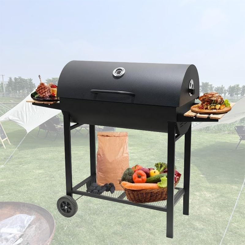 Parrilla de carbón con dos mesas laterales, parrilla de barbacoa de acero resistente para pícnics al aire libre, patios traseros y fiestas