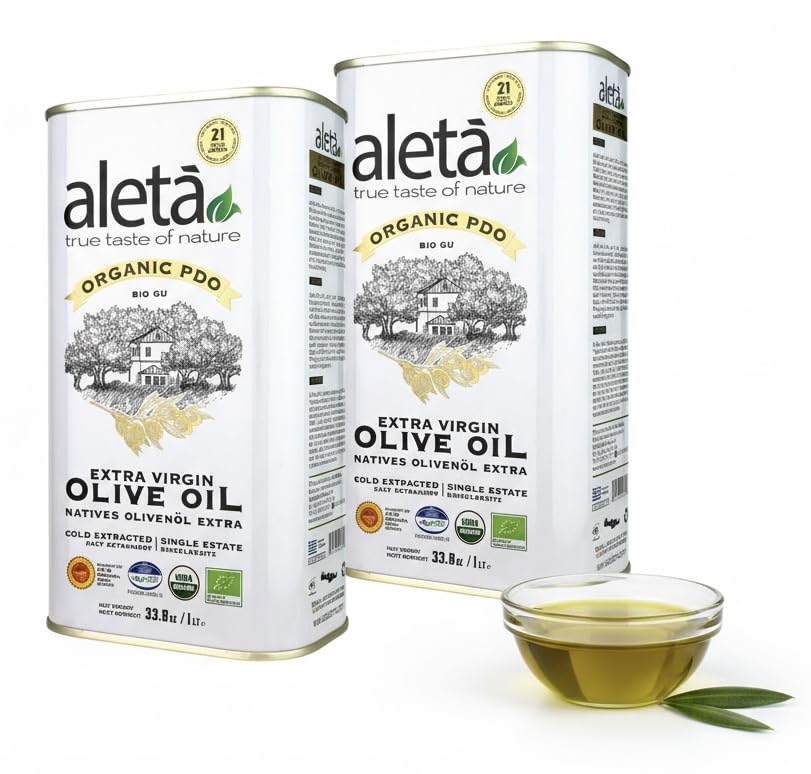 Aleta, Organic & PDO Extra Virgin Olive Oil, 2025 Gold Award, Certified Single Estate, Crete Greece, First-Cold Press, 1 Lt (33.8 oz.) Tin, Pack of 2