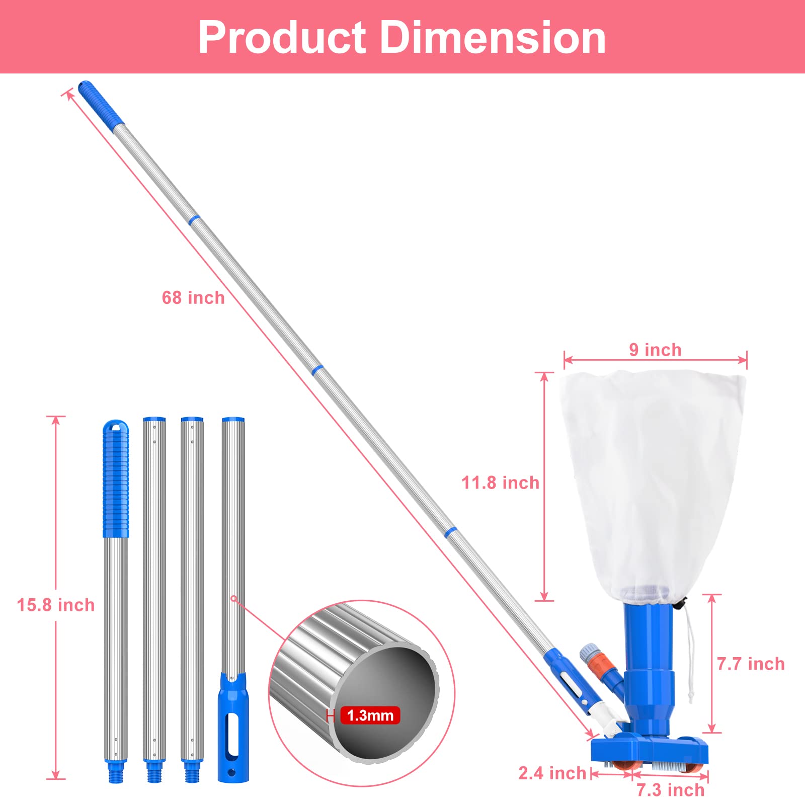 LXun 68 Inch Portable Pool Vacuum Cleaner With Skimmer Net | 4-Section Pole, Handheld Jet Cleaner For Above Ground Pools, Ponds